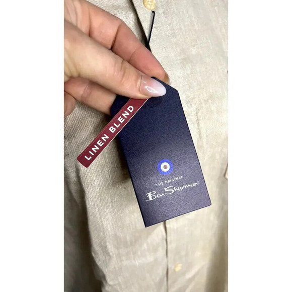 NWT Ben Sherman Men's Beige Linen Blend Short Sleeve Button-Down Shirt Medium - Picture 2 of 6